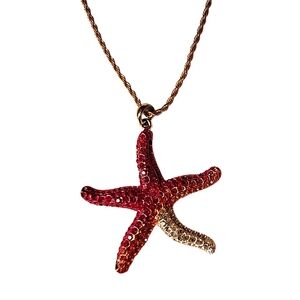 Stunning Unique 2" Red and Gold Starfish Rhinestone Necklace Under The Sea